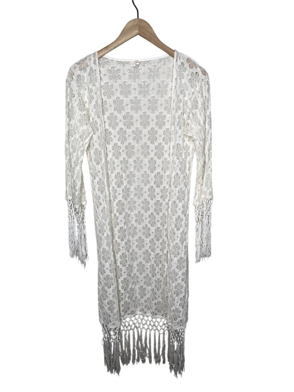 RAGA Boho White Floral Lace Open-Front Fringe Duster Cardigan Size Medium